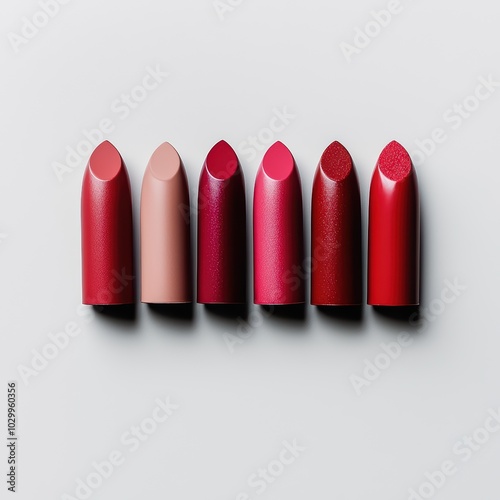 Lipsticks. A row of colorful lipsticks arranged in a gradient from light pink to dark red, on a clean white background.