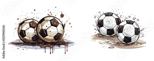 Vector illustration of muddy soccer balls. Ideal for sports, dirty play, or creative design concepts. Generative AI.