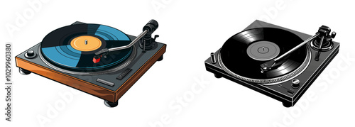 Vector illustration of two vintage turntables. Perfect for music, retro, or audio-themed designs. Generative AI.