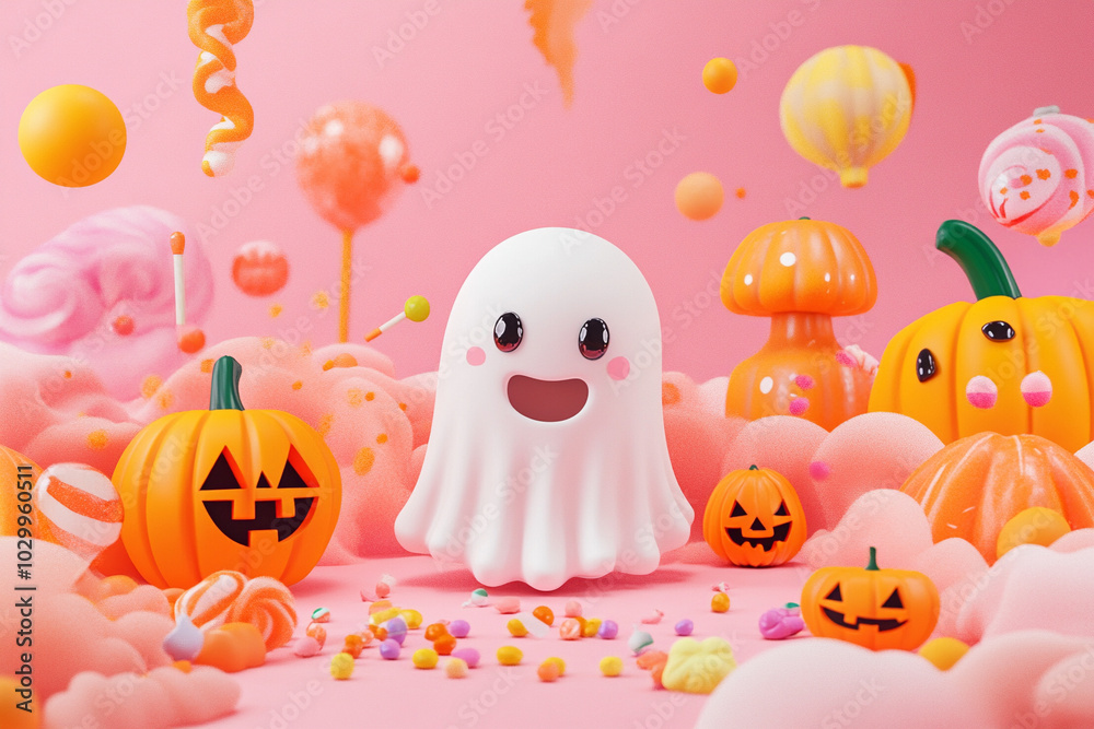 Fototapeta premium Super cute Halloween smiling ghost Halloween pumpkins, candies, and cute decorations.