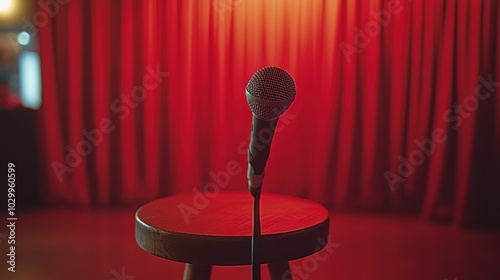 Microphone and stool on stage with red curtain photo