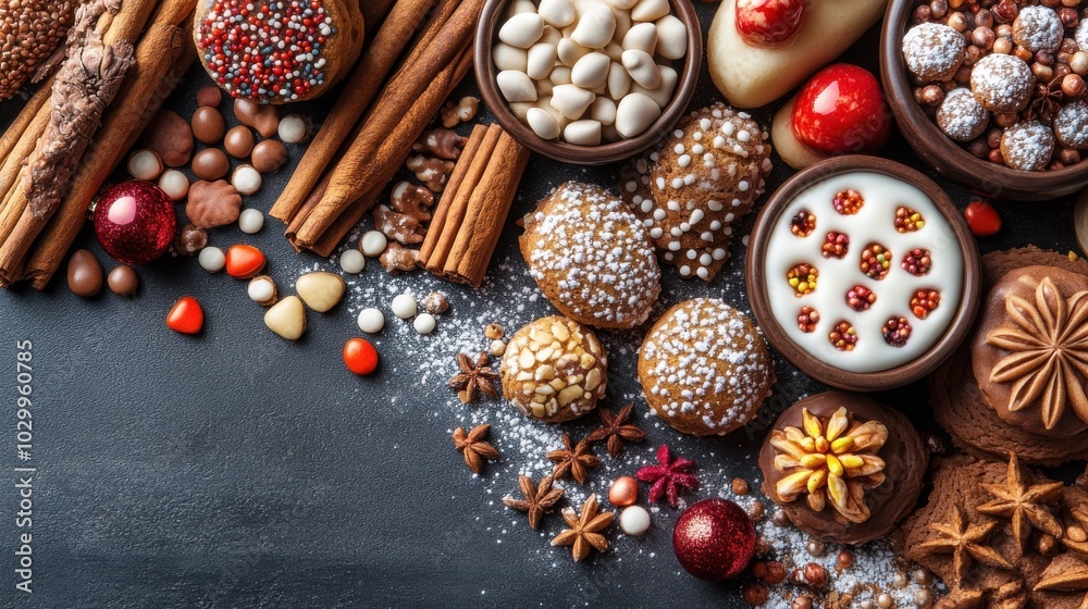 Festive sweet treats. Set of cookies and chocolates.