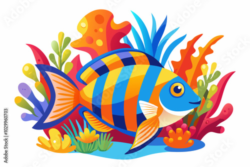 Colorful Tropical Fish and Coral Reef Vector on White Background