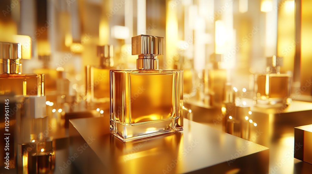 Luxurious perfume bottles with warm golden tones, elegant display. Luxurious perfume bottles with warm golden tones, elegant display.