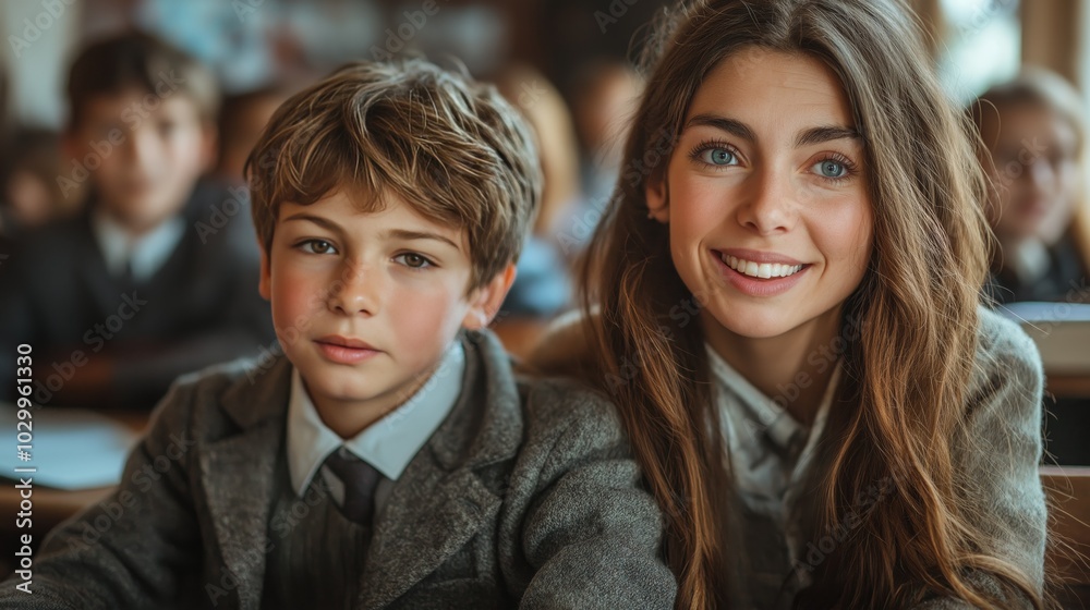 Teacher and Young Student Smiling Together in Classroom Teacher and Young Student Smiling Together in Classroom