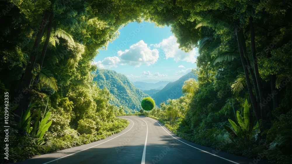 Fototapeta premium 3d illustration of road around earth globe,Asphalt Road Circles earth,The road through the green forest, going through the forest to earth, Aerial top view forest,green grass field forward to globe.