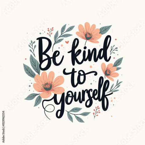 Be Kind to Yourself Hand-Lettered Typography – Beautifully Designed Motivational Quote in Modern Calligraphy, Perfect for Posters, T-Shirts, Wall Art, and Home Decor. Inspire Self-Care, Compassion