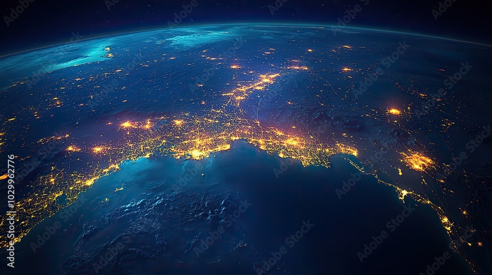 A satellite night view of the Middle East showcases city lights on a map. A satellite night view of the Middle East showcases city lights on a map.