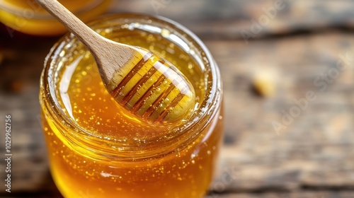 Close-up of a wooden honey dipper in a jar of golden honey.