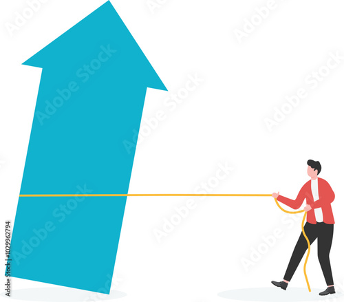 Businessman struggling to straighten the inclined red arrow

