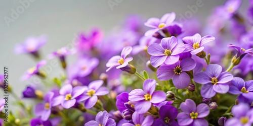 Small purple Aubrieta flowers on light background in tilted angle photo
