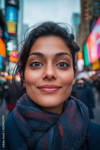 A photo of a beautiful Indian woman taking selfie in new York, Manhattan. 