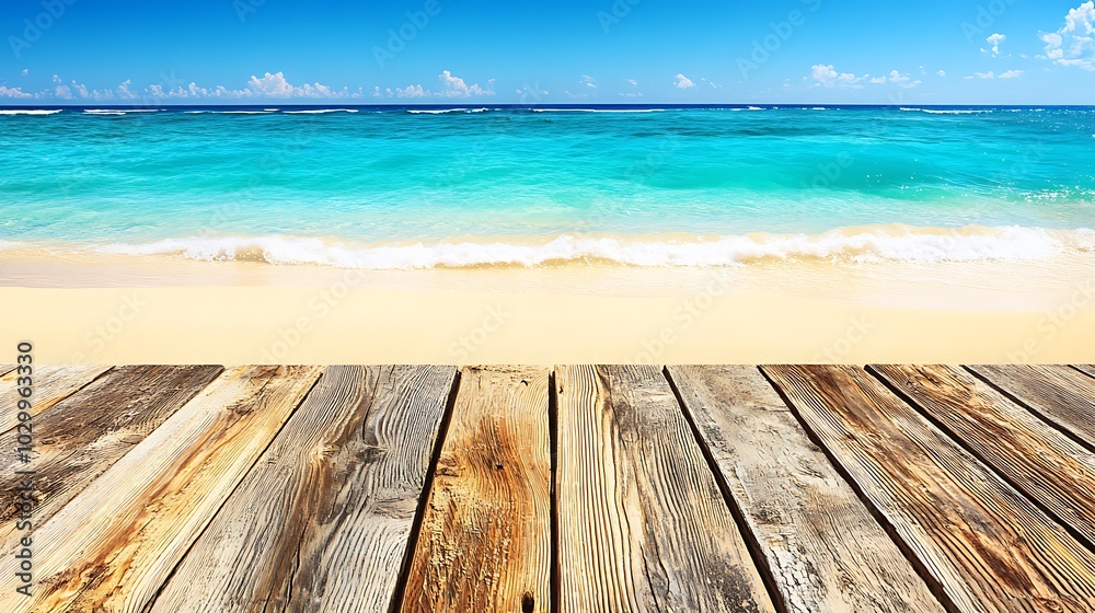 Beach Background With Wooden Plank, Tropical Seaside, Summer Vacation Light Gradient Background with Room for Typography