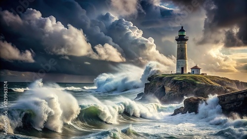 Stormy seascape with crashing waves, dark clouds, and lighthouse on cliff photo