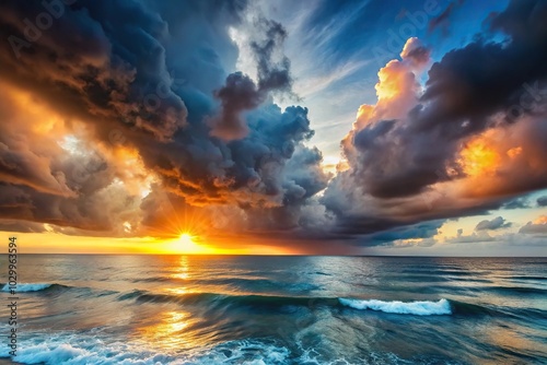 Stormy sky at sunrise over ocean with tilted angle, dramatic clouds