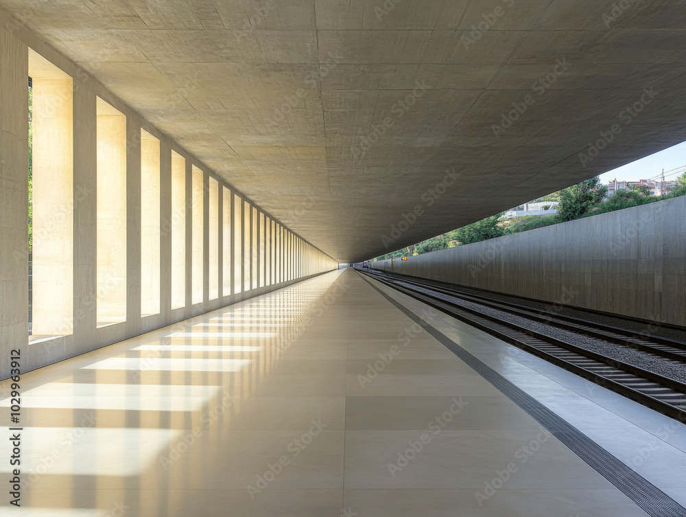Obraz premium Modern railway station platform with minimalist design and natural light in an urban setting