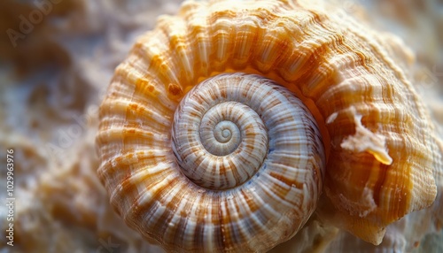 Close-up of a spiral seashell with intricate details.