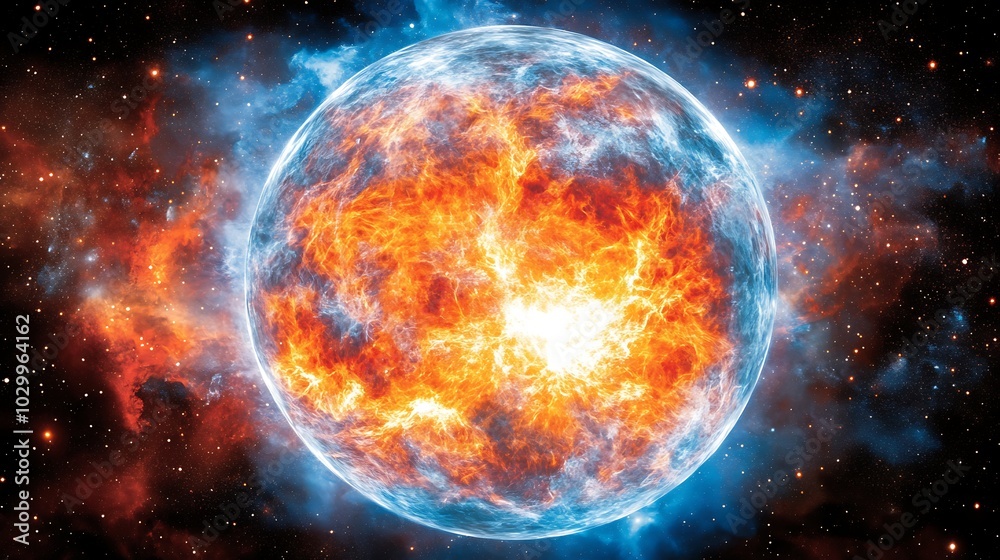Obraz premium Fiery Explosion of a Star in Space Perfect for Science Fiction, Astronomy, and Space Exploration Visuals Clean Blank Canvas with Empty Space for Designs