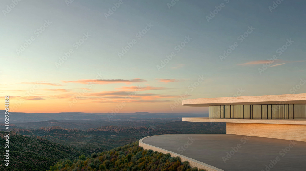 Modern architectural marvel perched on a hillside at sunset with vast landscape views Modern architectural marvel perched on a hillside at sunset with vast landscape views