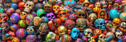 Banner Colorful, decorative skulls arranged in intricate patterns at a market showcasing local crafts and traditions during a vibrant celebration during Día de los Muertos 