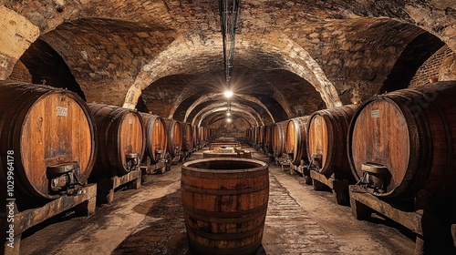 wine cellar with barrels of wine