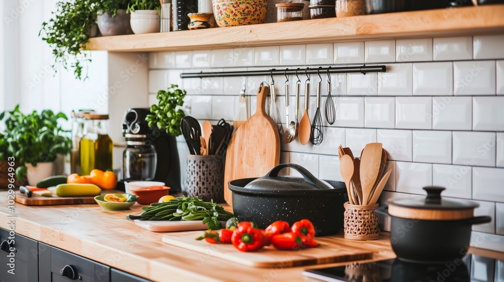Modern Clean Kitchen Counter with Fresh Ingredients Modern Clean Kitchen Counter with Fresh Ingredients