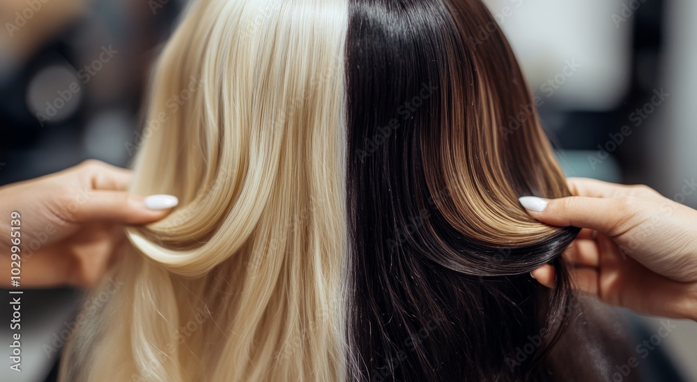 Obraz premium Hair Extensions Application by Professional Stylist, Blonde and Brown Hair Comparison Generative AI