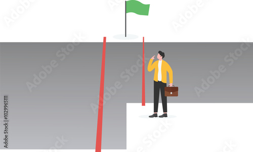 Businessman standing next to the gully thinking about choosing a dangerous shortcut or choosing a distant safe way to reach the end

