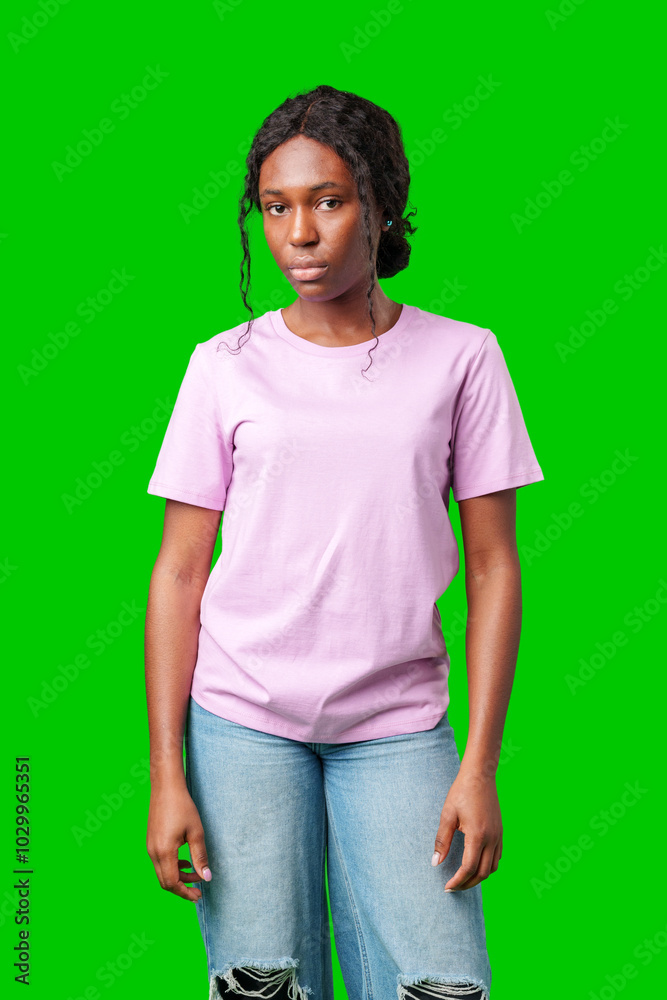 Young woman with an expression of contemplation poses against a bright green background Young woman with an expression of contemplation poses against a bright green background