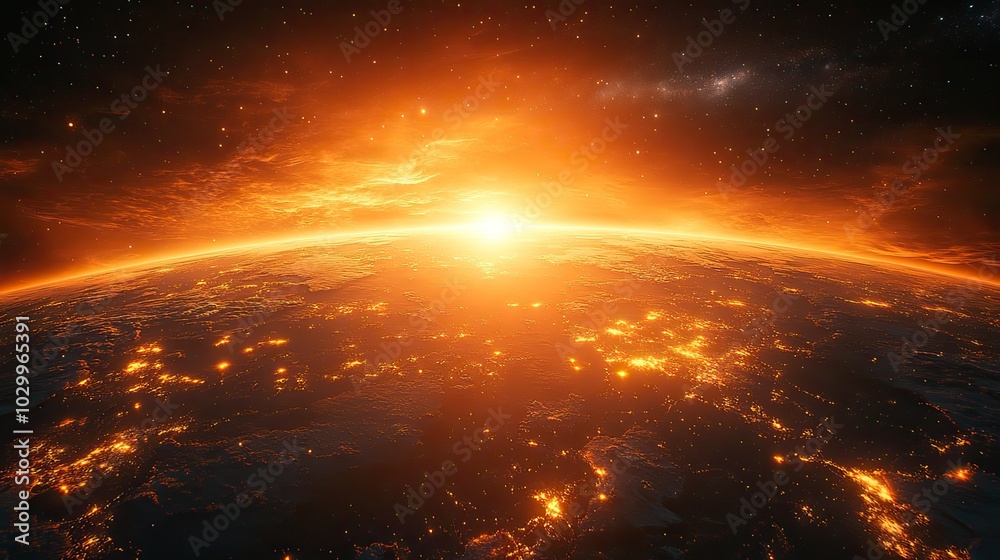 A space fantasy background showcasing planet Earth lit by the sun with the Milky Way. A space fantasy background showcasing planet Earth lit by the sun with the Milky Way.