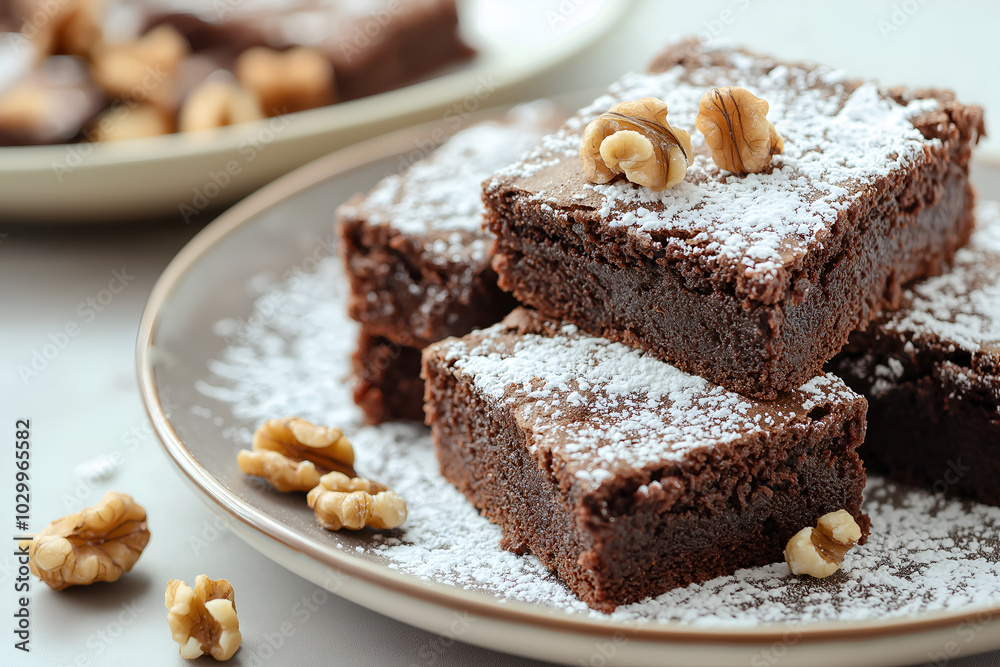 Decadent Chocolate Brownies with Powdered Sugar, A plate of rich, fudgy chocolate brownies, dusted with powdered sugar and garnished with walnuts, Delicious chocolate dessert food photography Decadent Chocolate Brownies with Powdered Sugar, A plate of rich, fudgy chocolate brownies, dusted with powdered sugar and garnished with walnuts, Delicious chocolate dessert food photography