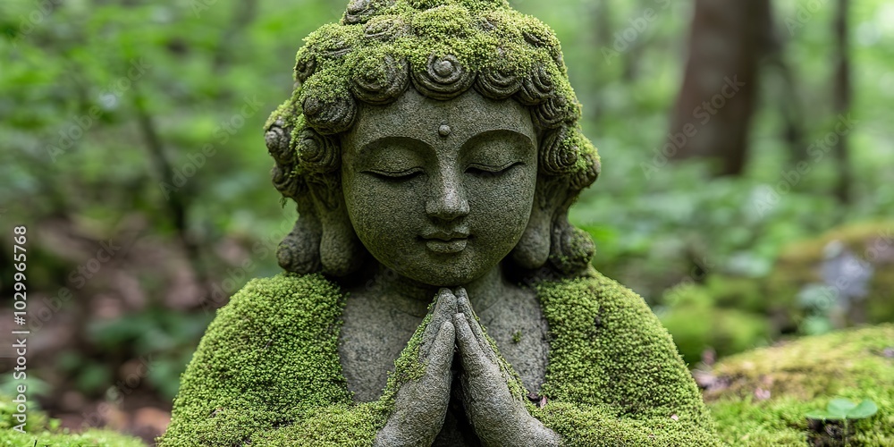 Obraz premium A statue of Buddha covered in green moss meditates in the woods, representing a mystical connection to nature.