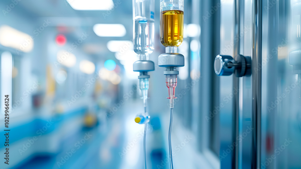 Medical Concept. Pump for infusion and drip for saline solution. IV fluid infusion on a background of blue Medical Concept. Pump for infusion and drip for saline solution. IV fluid infusion on a background of blue