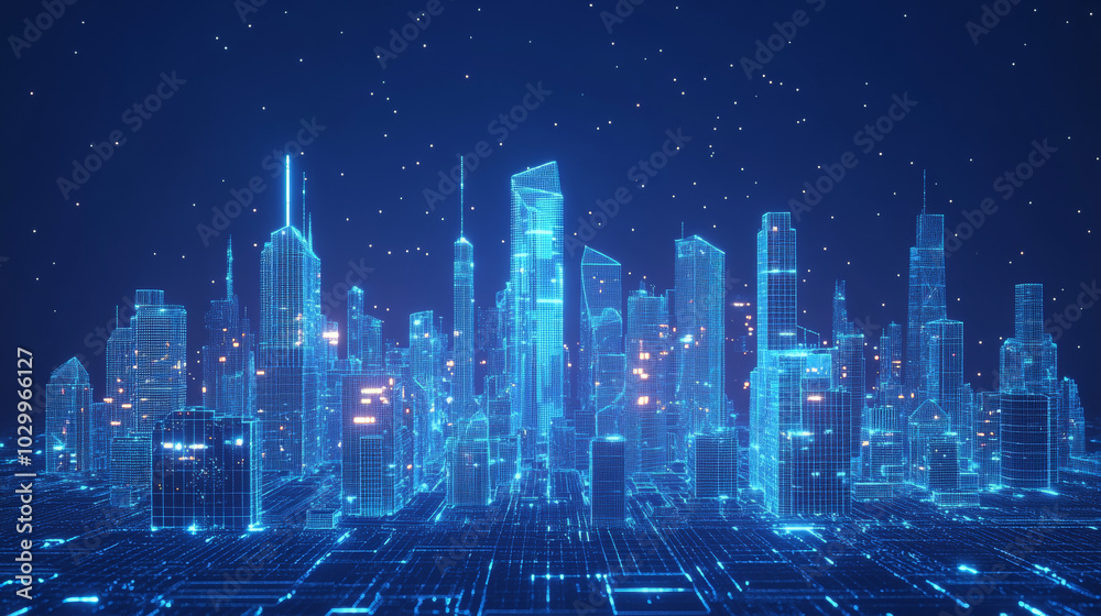A futuristic city with simple 3D shapes, showcasing an automated system for smart buildings. This design represents the future of cities connected by technology.low poly wireframe. A futuristic city with simple 3D shapes, showcasing an automated system for smart buildings. This design represents the future of cities connected by technology.low poly wireframe.