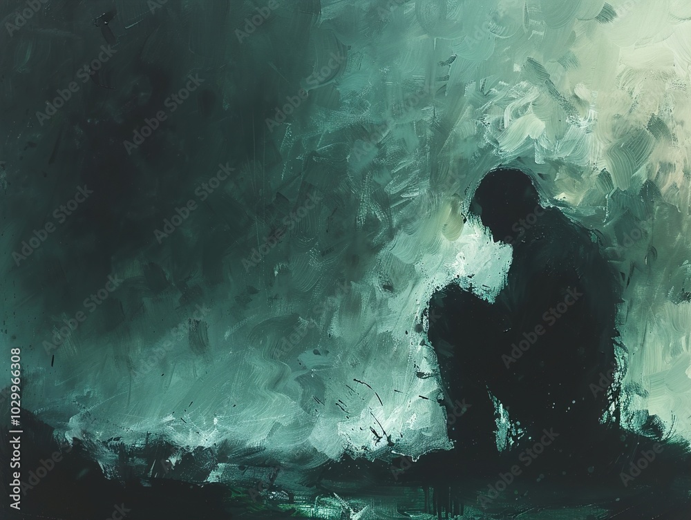 Abstract Painting of a Lonely Figure in a Dark Green Landscape Abstract Painting of a Lonely Figure in a Dark Green Landscape