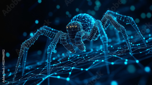 A 3D spider represents the threat of hackers attacking your online security. This image shows how important it is to protect your data and device from viruses.low poly wireframe.