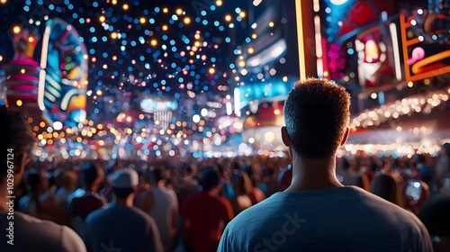 Vibrant futuristic festival scene showcasing a lively crowd colorful lights and festive from a top down perspective