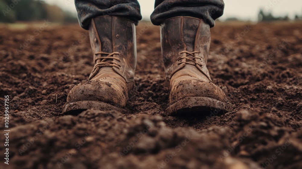 A minimalist high-quality close-up shot of a pair of worn farmers boots standing in freshly plowed earth, ideal for agricultural or rural lifestyle themes Generative AI A minimalist high-quality close-up shot of a pair of worn farmers boots standing in freshly plowed earth, ideal for agricultural or rural lifestyle themes Generative AI