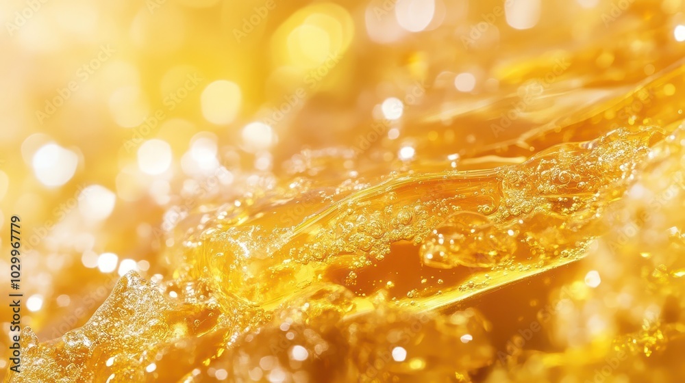 Close-up of golden liquid with bubbles and bokeh. Close-up of golden liquid with bubbles and bokeh.