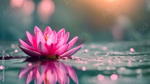 Wallpaper Mural A pink water lily blooms in a serene pond, its reflection creating a mirrored Video in the still water, Peaceful moments of reflection and gratitude Torontodigital.ca