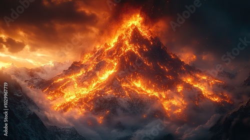 A volcanic mountain depicted with a dramatic, hot burning scene.