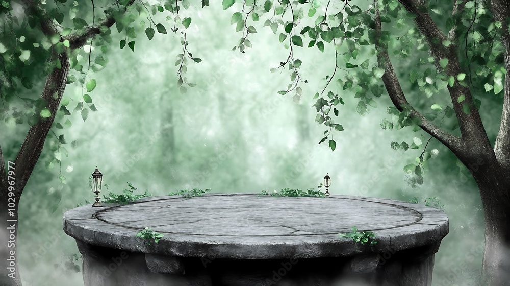 Stone Platform in a Misty Forest for Product Display Subtle Blur Background with Space for Custom Text Stone Platform in a Misty Forest for Product Display Subtle Blur Background with Space for Custom Text