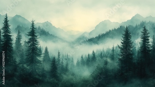 A watercolor illustration of a green foggy pine forest landscape.