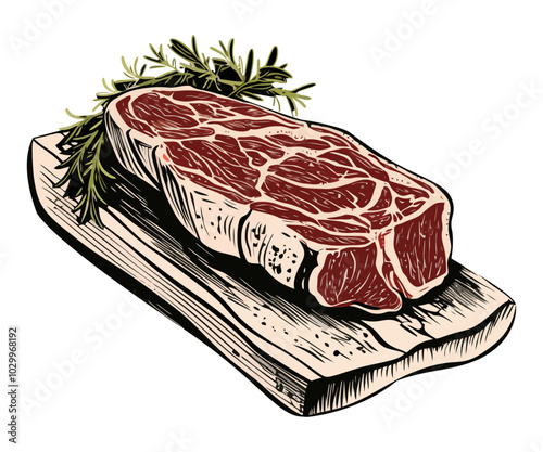 Vector illustration of a raw steak with marbling on a wooden board, garnished with fresh rosemary. Perfect for food and culinary designs. Generative AI.