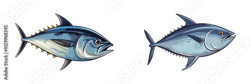 Vector illustration of two tuna fish species. Ideal for fishing, seafood, and marine life concepts. Generative AI.