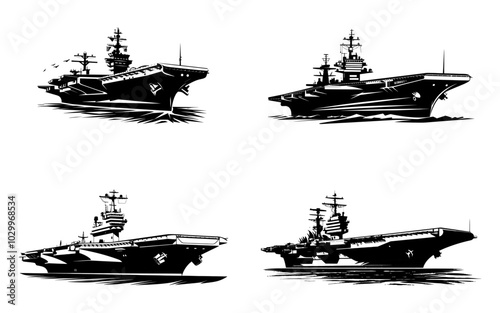 Vector illustration of four aircraft carrier silhouettes. Ideal for military, navy, or transportation-themed designs. Generative AI.