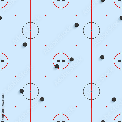 Hockey playground vector illustration. Ice hockey pucks and rink seamless pattern. Winter sports repeated texture for sporting designs, prints, gaming backgrounds. Template skating arena with markup