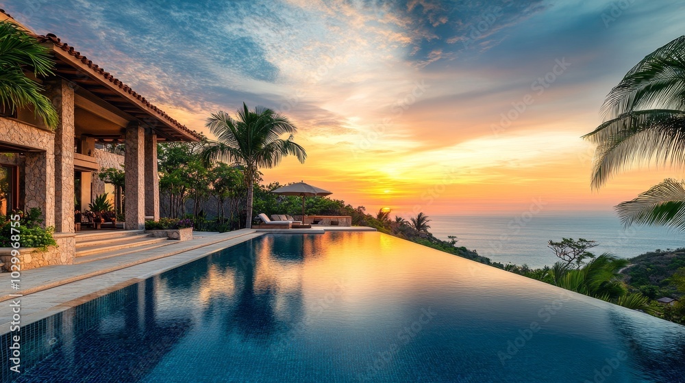 Fototapeta premium Sunset view from a luxurious villa pool overlooking the ocean