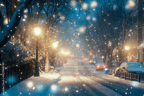 Snowy evening street illuminated by warm lamplights photo