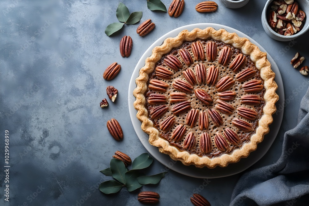 A delicious maple pecan pie with a golden, flaky crust, garnished with pecan halves, Delicious pecan dessert food photography A delicious maple pecan pie with a golden, flaky crust, garnished with pecan halves, Delicious pecan dessert food photography